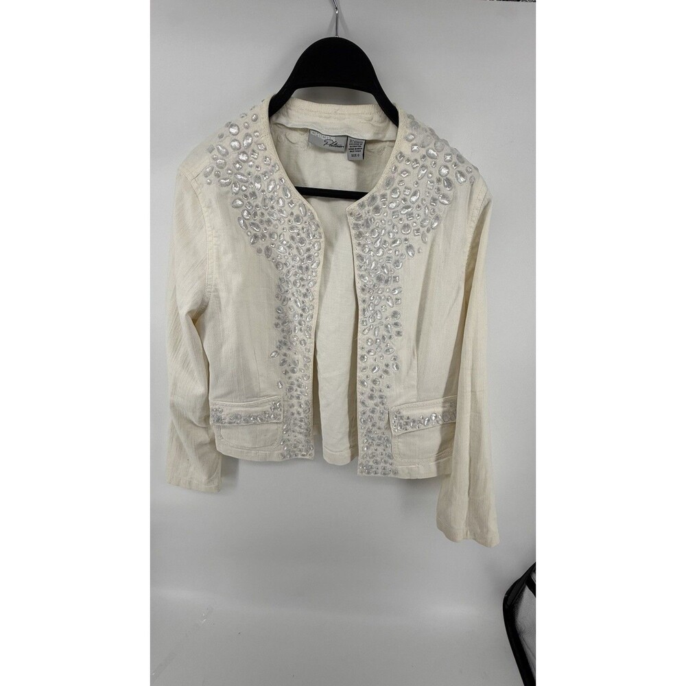 Chico's Design Womens White Beaded Jacket Sz 0 Hook Closure